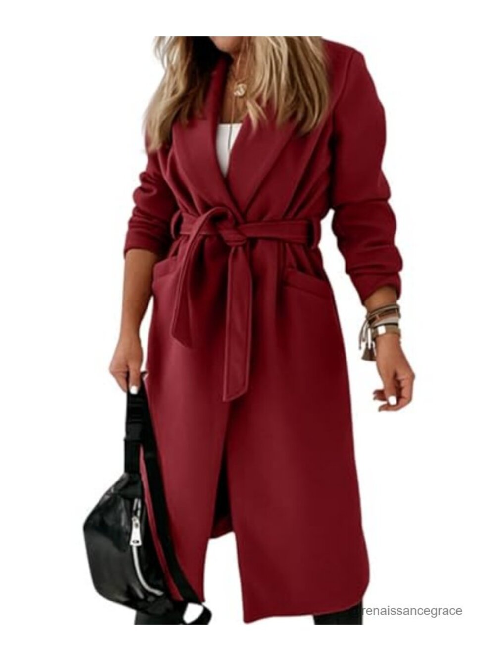 Wool Blend Notch Lapel Belted Maxi Trench Coat Long Pea Coat